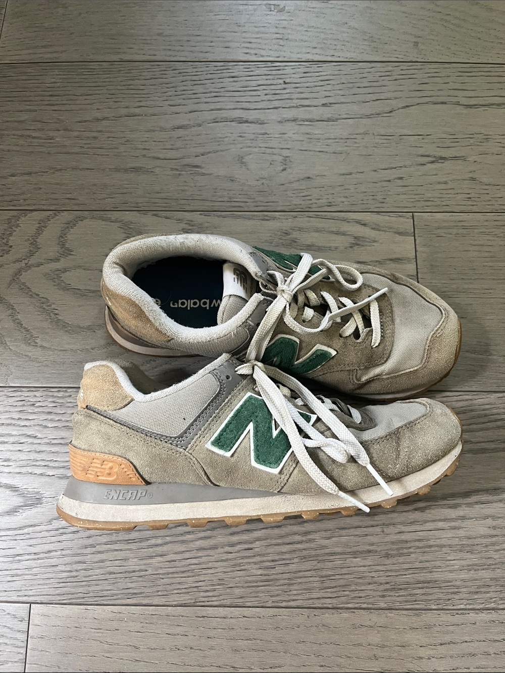 New Balance Beige and Green Suede Mesh Sneakers